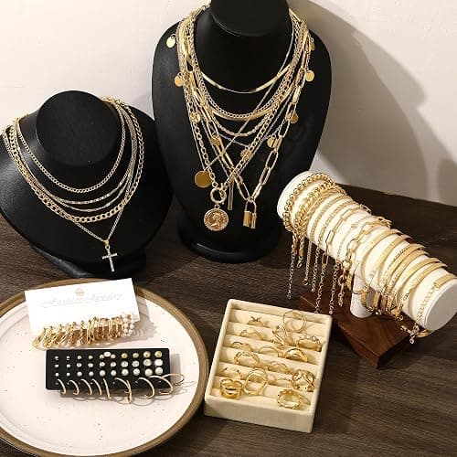 FAXHION 68 Pcs Gold Jewelry Set for Women with 7 Necklace, 17 Bracelet, 5 Hoop Earrings, 15 Stud Earrings, 24 Knuckle Rings for Women Jewelry Set for Women Gift thumbnail 6