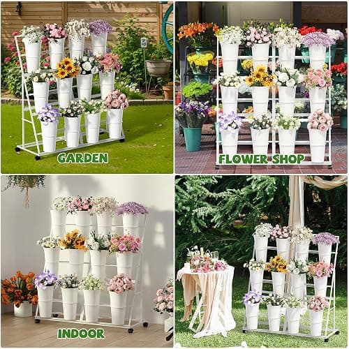 Invech Flower Display Stand with 12 Buckets and Wheels, 3 Tier Flower Cart Display Stand for Indoor Outdoor Garden, Wedding, Flower Shop (White) thumbnail 6
