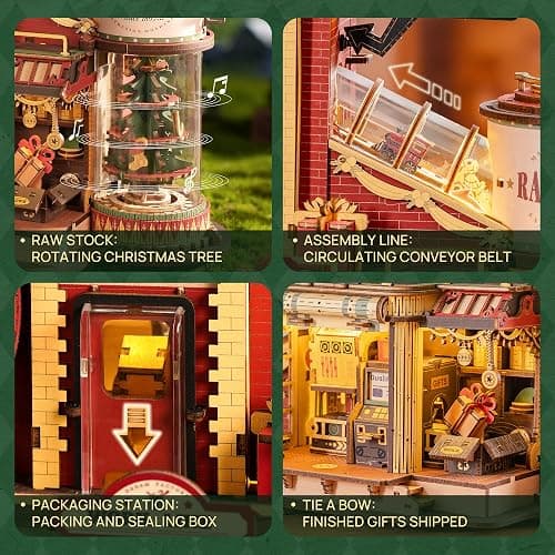 ROKR 3D Puzzle for Adults Christmas Style Dream Gift Factory Wooden Model Kit Luminous Factory DIY Dollhouse Kit Building with Music, Lights and 5 Elves for Adults thumbnail 3