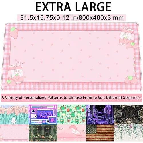 Cute Pink Plaid Desk Mats Strawberry Milk Gaming Desk Pad, Kawaii Extended Mouse Pad Kawaii Large Keyboard Mats XXL, Laptop Mat for Desk, Desktop Mat Mousepad Office Decor for Women 31.5"x15.75" thumbnail 2
