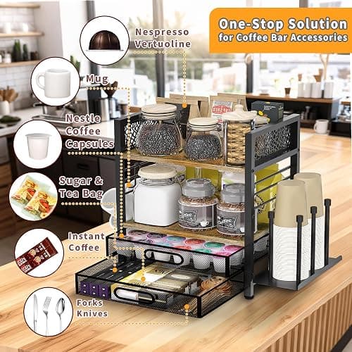 VIPLEEO Coffee Bar Organizer - 4 Tier Coffee Station Organizer for Countertop, Coffee Bar Storage with 4 Hooks, with K Cup Storage Drawer and Cup Holder, Multifunctional Shelf for Accessories Kitchen thumbnail 4