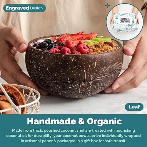 Jungle Culture® Kokosnuss Schalen Set mit Holzlöffeln & Strohhalm • Gemustertes Kokosschalen Schüssel Set • Natürlich Vegan Plastikfreie Alternative • Handgefertigt mit Kokosöl Poliert • Coconut Bowls thumbnail 4