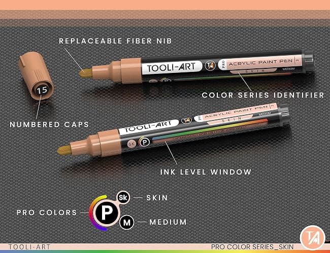 TOOLI-ART 22 Acrylic Paint Markers Paint Pens Pro Color Series Set 3mm Medium Tip for Rock Painting, Glass, Mugs, Wood, Metal, Glass Paint, Canvas, DIY. Non Toxic, Waterbased, Quick Drying (SKIN) thumbnail 8