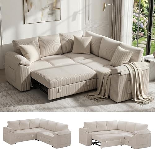 85 Inch Modular Sectional Sofa with Pull Out Couch Bed, L Shaped 5 Seat Sectional Couch with Storage, Corduroy Sectional Couches for Living Room, Cloud Modular Couch, Removable Sofa Cover, Beige - Image 1