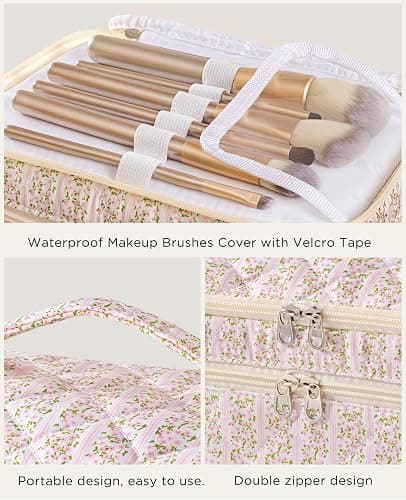 HBselect 2Pcs Travel Makeup Bag, Large Cotton Quilted Makeup Bag Cosmetic Bag Cute Make up Bag Toiletry Bags for Women Girls thumbnail 4