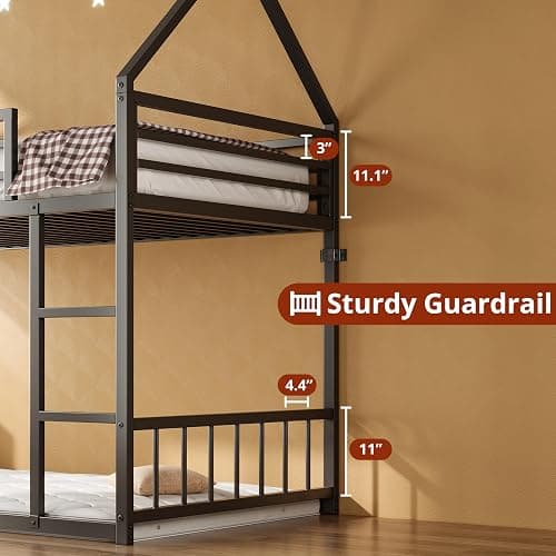 LIKIMIO Bunk Bed Twin Over Twin, House Bunk Bed Frame with Ladder and Guardrail, House Shaped with Metal Slats for Dormitory and Bedroom, Space Saving, No Box Spring Needed, Black thumbnail 5