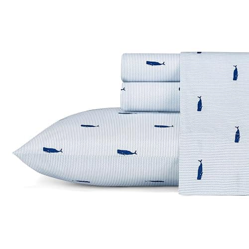 Nautica - Twin Size Sheet Set, Crisp & Tailored Cooling Sheets with a Smooth Cotton Percale Lightweight Feel - Bed Sheets with Matching Pillowcase & Fitted Sheet (Whale Stripe Blue) - Image 1