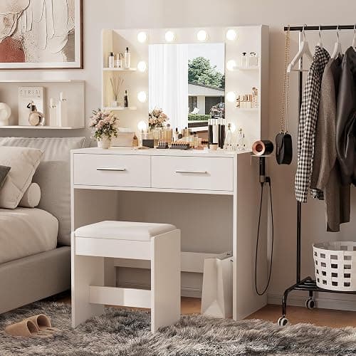 Furmax Make up Vanity Desk with Mirror and Power Outlet, Vanity with 3 Color Light Options Adjustable Brightness,Vanity Desk with 2 Drawers, 6 Storage Shelves (White, with Bench) thumbnail 2