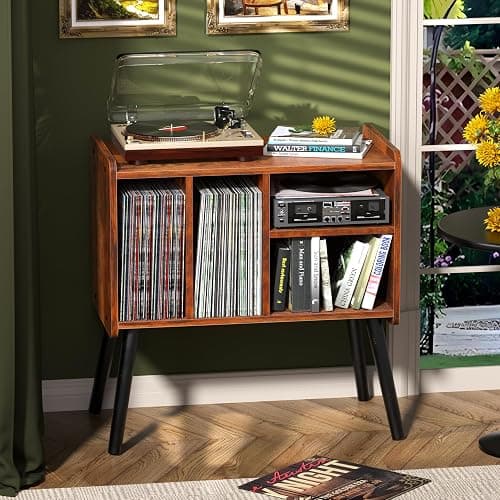 UODERS Record Player Table, Mid-Century Record Player Stand with Vinyl Storage Hold Up to 150+ Albums, Vinyl Record Cabinet with Adjustable Shelves, Wood Turntable Stand for Music Living Room (Brown) thumbnail 6