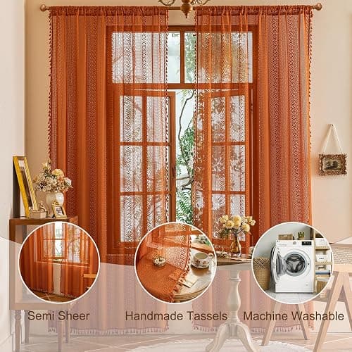 Sutuo Home Terracotta Boho Lace Curtains 2 Panels 84 Inches Long for Living Room&Bedroom, Burnt Orange Crochet Privacy Farmhouse Vintage Tassels Retro Halloween Window Sheer Curtains Rod Pocket,50" W thumbnail 3