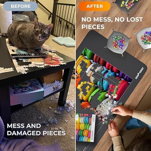 Newverest Jigsaw Puzzle Mat Roll Up, Saver Pad 39.4” x 23.6” Portable Keeper Up to 1000 Pieces with Non-Slip Rubber Bottom and Polyester Top + 3 Puzzle Sorting Trays, Travel-Friendly Storage Bag thumbnail 8