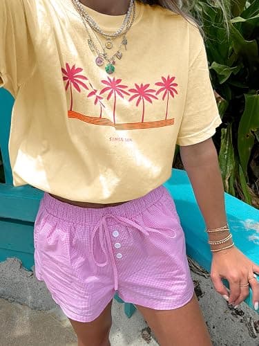 Vintage Oversized Flower Graphic Tees Cute Surfboard Palm Baggy T-Shirts Summer Preppy Beach Tops Teen Girls Clothes thumbnail 4