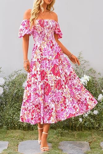PRETTYGARDEN Women's Smocked Midi Wedding Guest Dress | Puff Short Sleeve, Square Neck A Line, Tiered Ruffle Hem, Long Dresses, Beach Vacation, Cocktail Party, Summer Outfits thumbnail 3