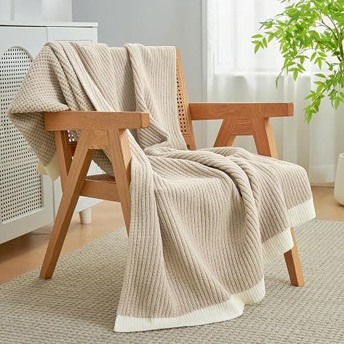 Amélie Home Waffle Throw Blanket for Couch, Soft Cozy Chenille Knit Blanket Warm Decorative Throw for Sofa, 50"x60", Beige thumbnail 2