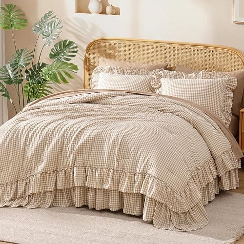 AMBERSPACE King Size Comforter Set Gingham Ruffle Tan 7 Pieces Bed in a Bag | Farmhouse Shabby Chic Fluffy Bedding Sets with Sheets, Pillowcases & Shams thumbnail 2
