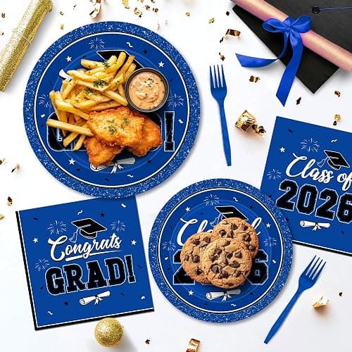200Pcs Graduation Decorations 2026, Blue Graduation Plates and Napkins Party Supplies for 50 Guests, Disposable Grad Plates, Napkins, Dessert Plates and Forks for Grad Decor Wedding Birthday Supplies thumbnail 2