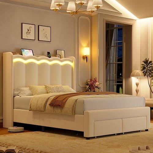 HIFIT Upholstered Full Size LED Bed Frame with Charging Station and 2 Storage Drawers, Beige Velvet Platform Bed Full Size, Camas Full with Double Wavy Wingback Headboard, No Box Spring Needed thumbnail 3