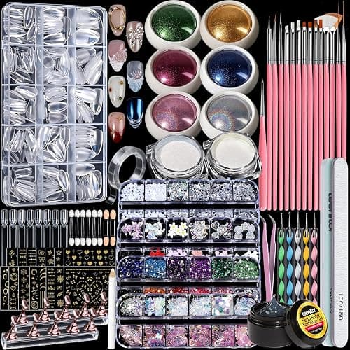 Teenitor Acrylic Nail Kit With Chrome Powder, Almond Tips, Art Brushes, Charms, 3D Gel, Tools, Stand - Beginner Set - Image 1