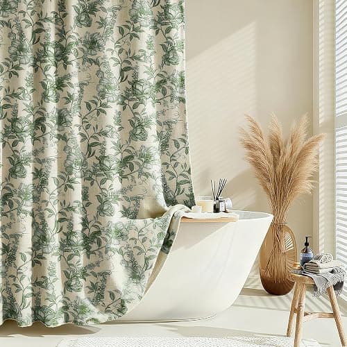 Farmhouse Sage Green Floral Shower Curtain with 12 Clear Rings 72"W x 72"L | Boho Fabric Faux Linen Shower Curtain Set, Vintage Cottagecore Shower Curtain for Bathroom - Image 1