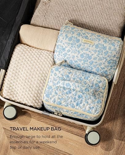 HBselect 2Pcs Travel Makeup Bag, Large Cotton Quilted Makeup Bag Cosmetic Bag Cute Make up Bag Toiletry Bags for Women Girls thumbnail 6