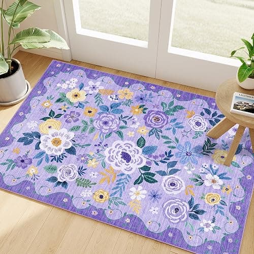 DUKINO 2x3 Rugs for Entryway, Floral Indoor Washable Door Mat, Non Slip Boho Small Rug for Kitchen, Soft Low Pile Front Door Throw Rug for Entrance, Bedroom, Kitchen, Laundry, Bathroom, Purple - Image 1
