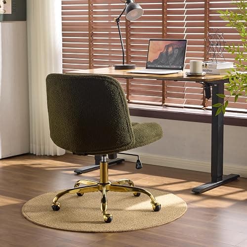 VINGLI Wide Criss Cross Legged Office Chair,Buttprint Ergonomic Desk Chair Comfy with Pillow&Gold Base,Dual-Use with/no Wheels,Adjustable Vanity Swivel Chair for Bedroom,Home Office,Teddy Fleece,Green thumbnail 9