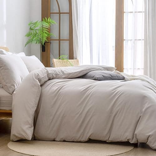 BESTOUCH Duvet Cover Set 100% Washed Cotton Linen Feel Super Soft Comfortable Chic Lightweight 3 PCs Home Bedding Set Solid Linen Grey Queen | Super Soft, Comfortable, Linen Feel, Lightweight, Chic, Solid, Home Bedding Set thumbnail 3