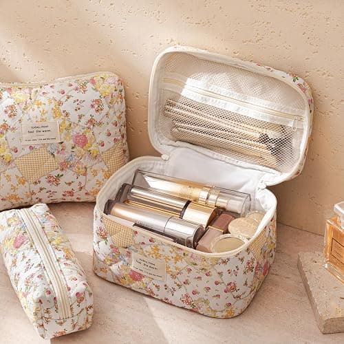 HBselect 3 PCS Quilted Makeup Bag, Cotton Large Travel Makeup Bag, Cute Floral Coquette Make up Bag Cosmetic Bag Toiletry Bag for Women Girls thumbnail 2