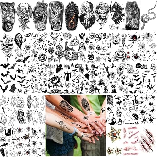 52 Sheets Black Halloween Temporary Tattoos for Kids Men Women, Include 10 Sheets Large Half Arm Sleeve Fake Tattoos, 200+ PCS Spider Snake Tiger Lion Skull Bat Vampire Scar Halloween Tattoos thumbnail 4