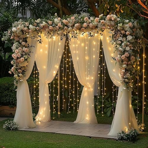 Fomcet Champagne Backdrop Curtains with Lights String 10X10FT Polyester Fabric & Tulle Curtains Backdrop Drapes for Back Drop Photoshoot Baby Shower Birthday Party Decor 2 Panels 5x10FT thumbnail 6