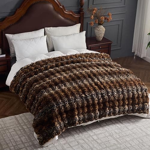 RYNGHIPY Faux Fur Blankets for Couch Bed Fluffy Warm Thick Throw Blanket for Bedroom Living Room Soft Cozy Plush Decorative Bubble Furry Blanket Cheetah Print Blanket (Leopard-Coffee, 51''x63'') thumbnail 5