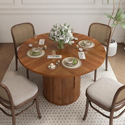 weselon 47 inch Round Dining Table for 4, Kitchen Table Dinner Table with 2-Layer Storage Shelf and Wood Slide Door for Home Dining Room Living Room (Walnut) - Walnut+hidden Storage thumbnail 3