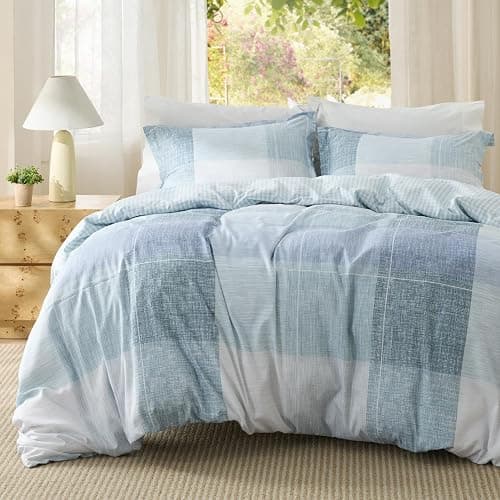 Bedsure Duvet Cover Queen Size - Gingham Reversible Buffalo Plaid Duvet Cover Set with Zipper Closure, 3 Pieces Blue Bedding Set with 8 Corner Ties and 2 Pillow Shams 20"x26" - Image 1
