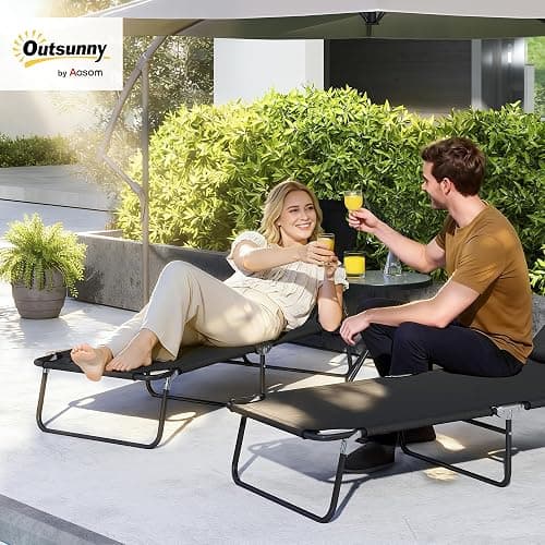 Outsunny Folding Chaise Lounge Chair, Reclining Beach Tanning Chair with Face Hole, Pillow, 4-Position Adjustable Lay Flat Sun Lounger, Steel Frame for Outdoor Patio Pool, Black thumbnail 2