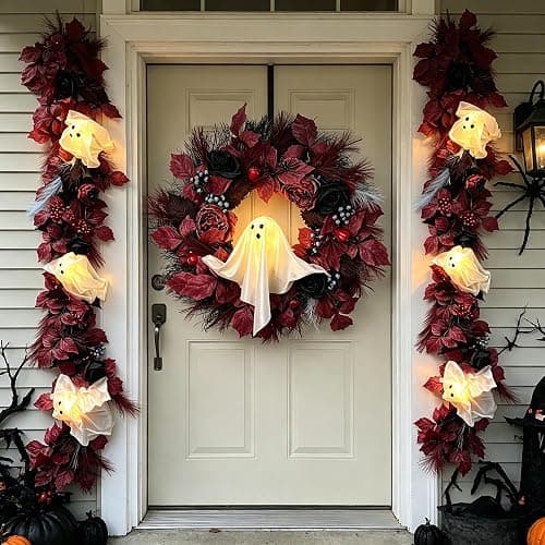 HipTree 20 Inch Lighted Ghost Halloween Wreath for Front Door | Spooky Ghost Wreath With Red Black Roses & Berries. Warm LED Light For Indoor Outdoor Porch, Window & Haunted House Decor thumbnail 8