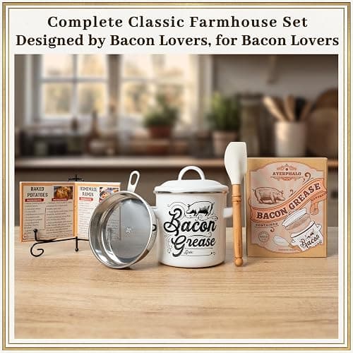 Ayerphalo Bacon Grease Container with Strainer - 46OZ Large Capacity, With Silicone Wooden Spatula, Enamel Bacon Grease Keeper for Bacon Drippings, Farmhouse Kitchen Decor, Dishwasher Safe thumbnail 2