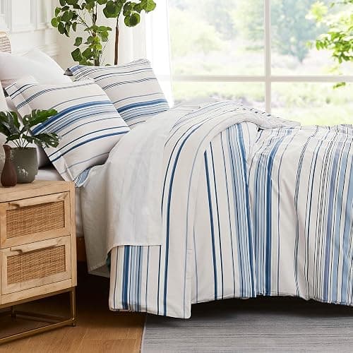 Southshore Fine Living, Inc. 3-Piece Striped Comforter Queen Set, Down Alternative Coastal Comforter Full Size with 2 Pillow Shams, Microfiber Bedding Set, Full or Queen Bed, Coastal Stripes Blue - Image 1