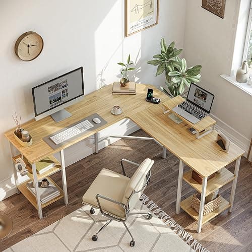 Cubiker L Shaped Gaming Desk 128 x 128 cm Computer Office Desk, Corner Desk with Dual Side Storage Shelves and Monitor Stand for Home Office Study Writing Workstation, Light Walnut thumbnail 7