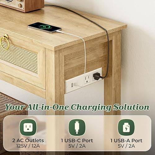 SUPERJARE Rattan Console Sofa Table with Outlets and USB-C Port, 3 Drawer Entryway Table with Synthetic Rattan Surface, Open Shelf, Behind Couch Entry Foyer Hallway Storage, Natural thumbnail 4