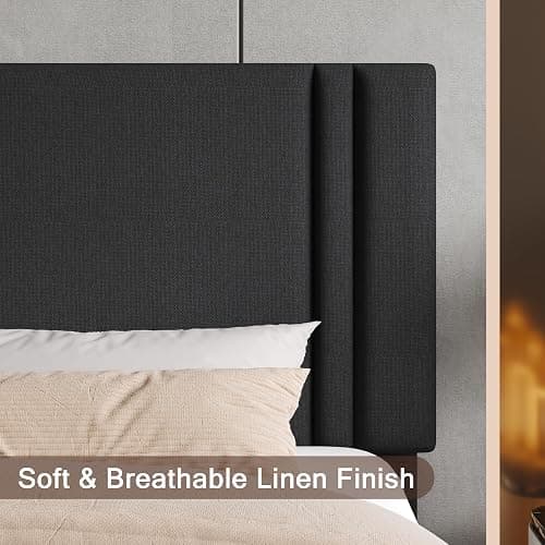 Einhomn Upholstered Queen Size Bed Frame with Linen Fabric Headboard, Strong Wooden Slats Support, Noise Free, No Box Spring Needed, Black thumbnail 8
