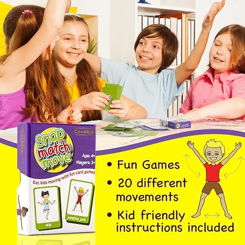 Covelico Exercise Cards for Kids, Play PE Games with 20 Exercises, 52 Cards | PE Teacher Must Haves, Solo or Group Play, Indoor Classroom Recess Games, Home School Therapy, Snap Memory Go Fish, Ages 4+ thumbnail 2