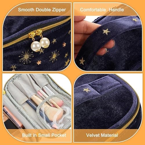 Patelai 2 Pcs Velvet Makeup Bag Moon Stars Cosmetic Bags Goth Embroidered Makeup Pouch Portable Travel Starry Pouch Toiletry Wash Bags Cute Storage Clutch Handbags for Women Gifts(Navy Blue) thumbnail 6