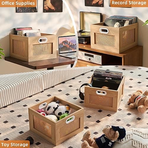 LELELINKY Vinyl Record Storage Crate, Rattan Wooden Record Crate for Vinyls, Vinyl Record Holder with Handle, Multifunctional Records Stand Holder Vinyls Organizer for 75 LPs, Natural thumbnail 7