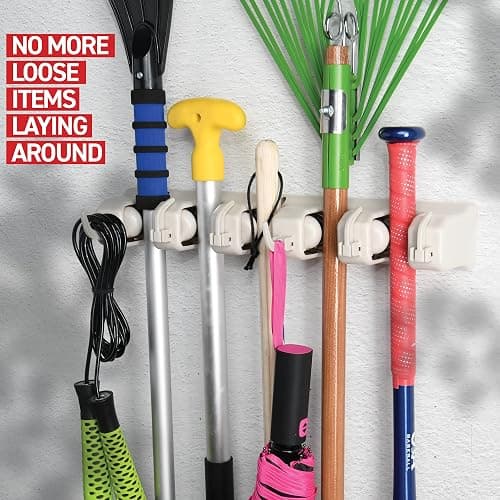 Home-it Mop and Broom Holder Wall Mount Garden Tool Storage Tool Rack Storage & Organization for the Home Plastic Hanger for Closet Garage Organizer (5-position) - 5-position, 6-Hooks - Off-White thumbnail 6