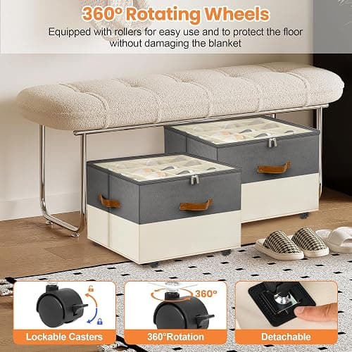 Foyego 2 Pack Shoe Organizer for Closet, with Wheels, Beige and Grey | Fits 32 Pairs, with Adjustable Dividers and Clear Cover, Saving Space Foldable Fabric Closet Shoe Storage Organizer Box Bins thumbnail 5