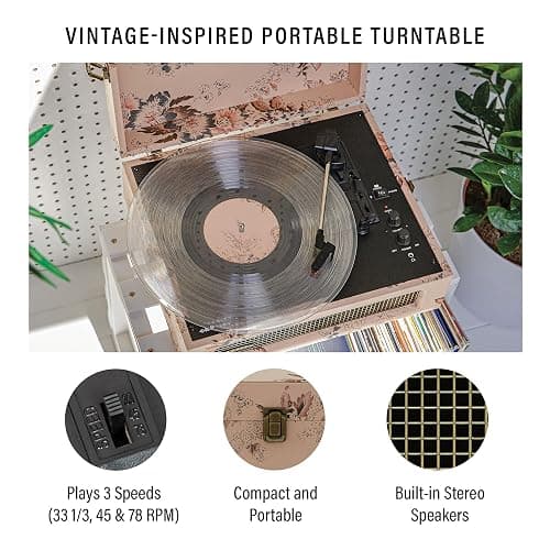 Crosley CR8017B-FL Voyager Vintage Portable Vinyl Record Player Turntable with Bluetooth in/Out and Built-in Speakers, Floral thumbnail 2