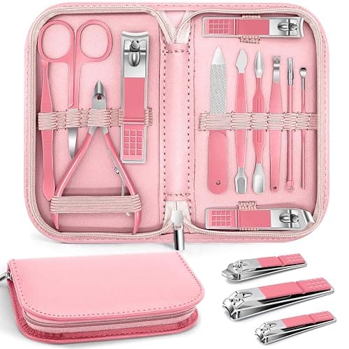 BLESWIN Manicure Pedicure Set, 12 Pcs Nail Care Kit for Women, Mens Nail Grooming Kit, Manicure & Pedicure Tools & Accessories, Pink Nail Kit Manicure Set Luxury Leather Case for Home Salon Use - Image 1