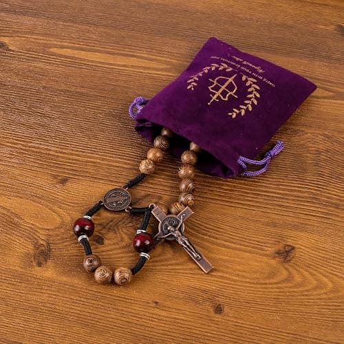 Nazareth Store Classic 10mm Solid Wood Rosary Beads Necklace for Men Olive & Dark Red Wooden Strong Rugged Corded Catholic Rosary with St.Benedict Medal & Cross Crucifix thumbnail 4