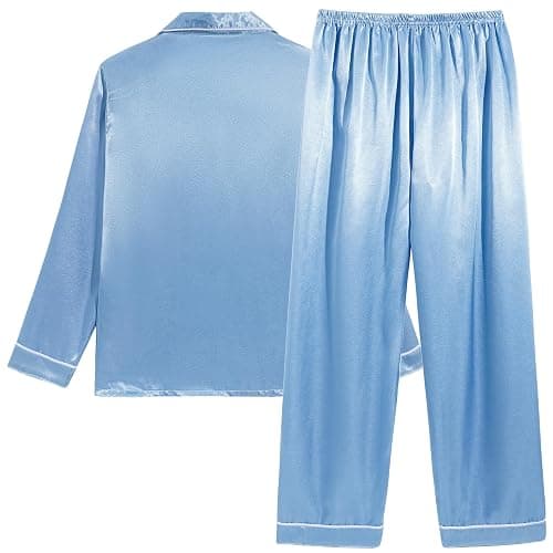 Vopmocld Big Kids Unisex Pjs Set Girls Boys Silk Pajama Sets Satin Clasic Sleepwear Long Sleeve 2 Pieces Button Down Nighty - 14 - Sky Blue thumbnail 2