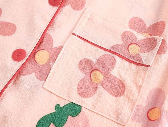 Hupohoi Big Girls Button Down Pajama Set 3pcs Short Sleeve Long Pants with Shorts Crepe Wrinkled Fabric Sleepwear Nighty thumbnail 3